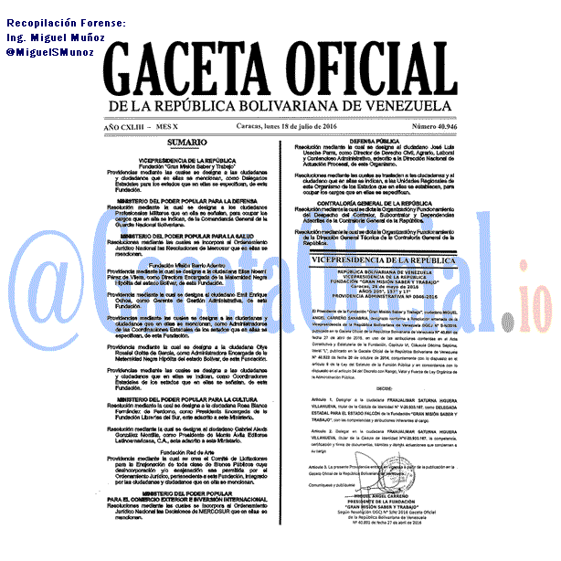 Gaceta Oficial 40946 del 18 julio 2016