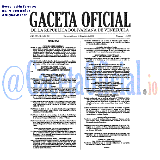 Gaceta Oficial 40965 del 12 agosto 2016