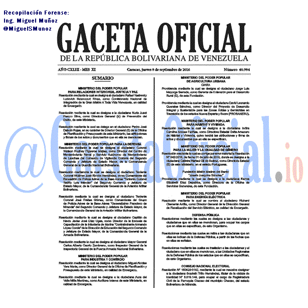 Gaceta Oficial 40984 del 8 Septiembre 2016