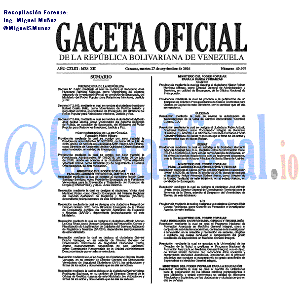 Gaceta Oficial 40997 del 27 Septiembre 2016