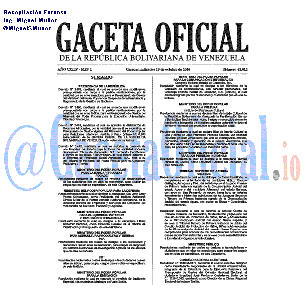 Gaceta Oficial 41012 del 19 octubre 2016