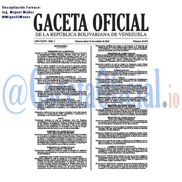Gaceta Oficial 41020 del 31 octubre 2016