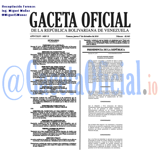 Gaceta Oficial 41043 del 1 Diciembre 2016