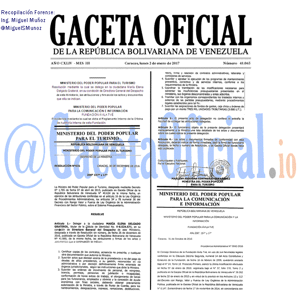 Gaceta Oficial 41065 del 2 enero 2017 Gaceta Oficial 41065 del 2 enero 2017