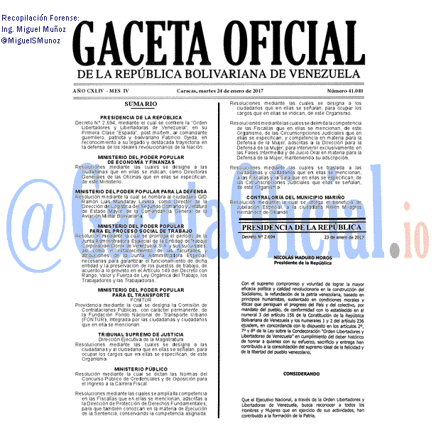 Gaceta Oficial 41081 del 24 enero 2017