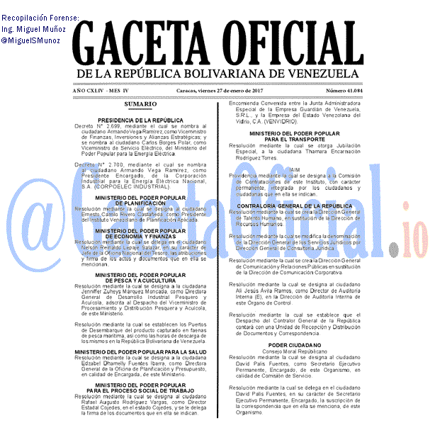 Gaceta Oficial 41084 del 27 enero 2017 Gaceta Oficial 41084 del 27 enero 2017