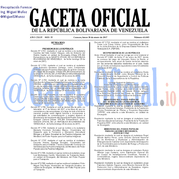 Gaceta Oficial 41085 del 30 enero 2017 Gaceta Oficial 41085 del 30 enero 2017