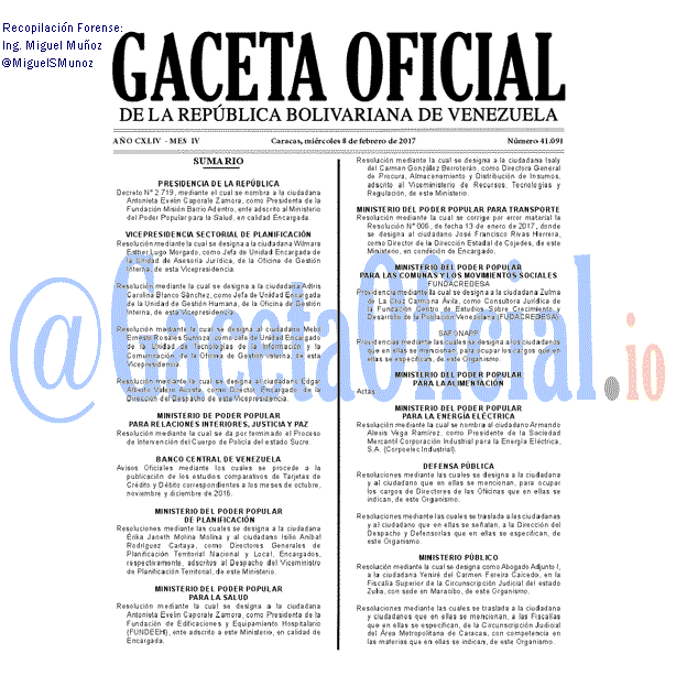 Gaceta Oficial 41091 del 8 febrero 2017 Gaceta Oficial 41091 del 8 febrero 2017