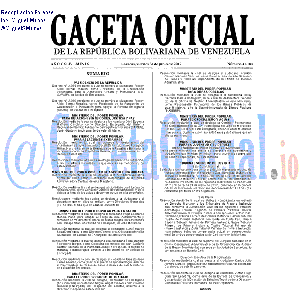 Gaceta Oficial 41184 del 30 junio 2017 Gaceta Oficial 41184 del 30 junio 2017