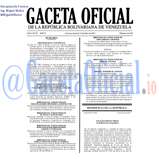 Gaceta Oficial 41190 del 11 julio 2017