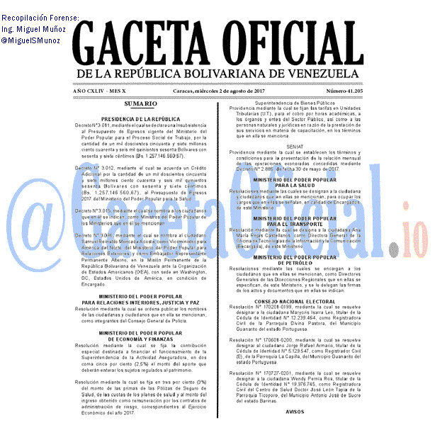 Gaceta Oficial 41205 del 2 agosto 2017 Gaceta Oficial 41205 del 2 agosto 2017