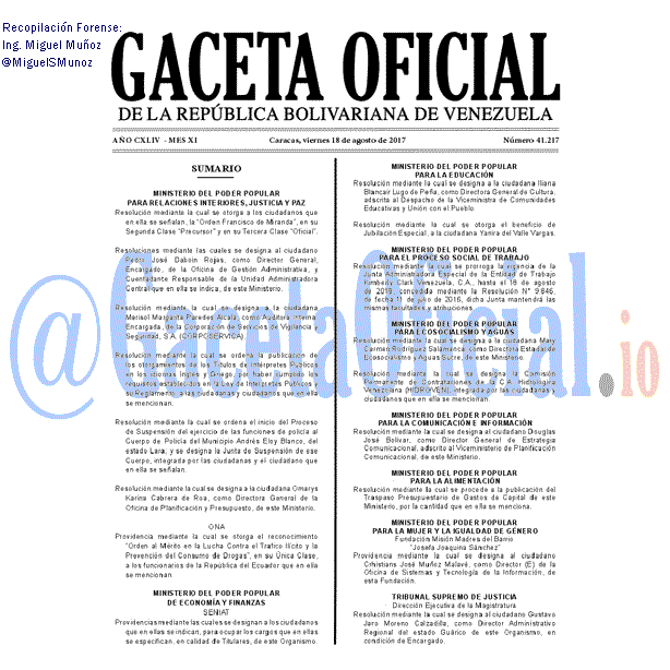 Gaceta Oficial 41217 del 18 agosto 2017 Gaceta Oficial 41217 del 18 agosto 2017