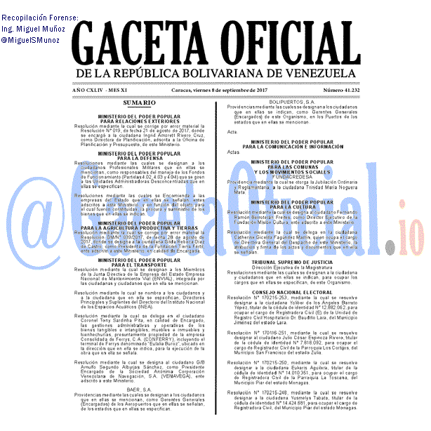 Gaceta Oficial 41232 del 8 septiembre 2017 Gaceta Oficial 41232 del 8 septiembre 2017