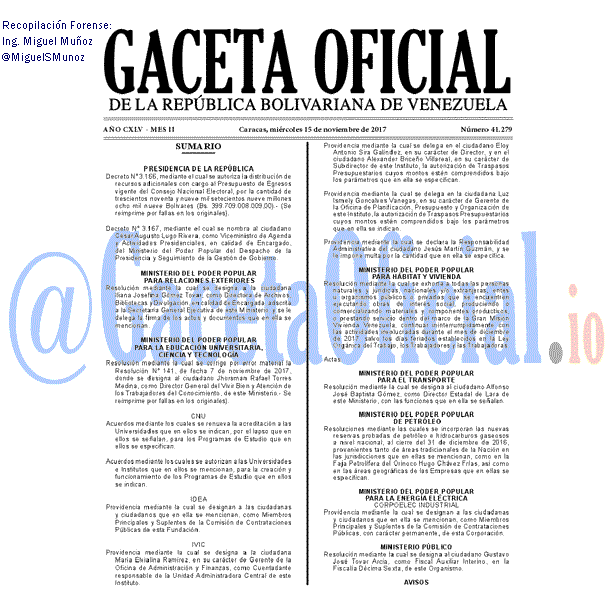 Gaceta Oficial 41279 del 15 noviembre 2017 Gaceta Oficial 41279 del 15 noviembre 2017
