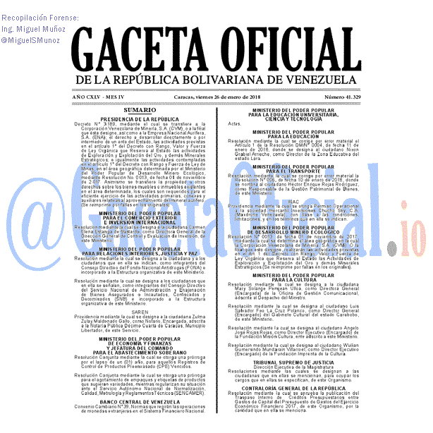 Gaceta Oficial 41329 del 26 enero 2018 Gaceta Oficial 41329 del 26 enero 2018