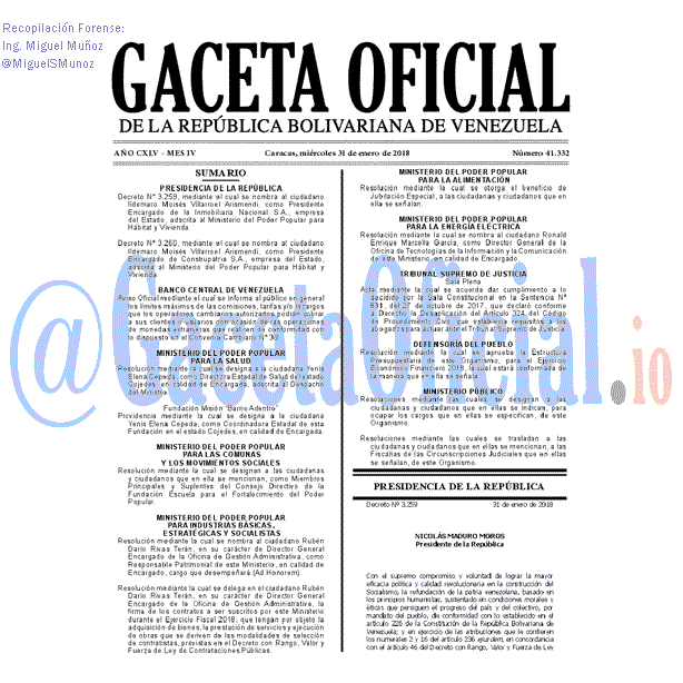 Gaceta Oficial 41332 del 31 enero 2018 Gaceta Oficial 41332 del 31 enero 2018