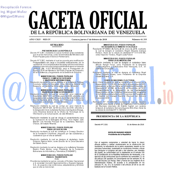 Gaceta Oficial 41333 del 1 Febrero 2018 Gaceta Oficial 41333 del 3 Febrero 2018