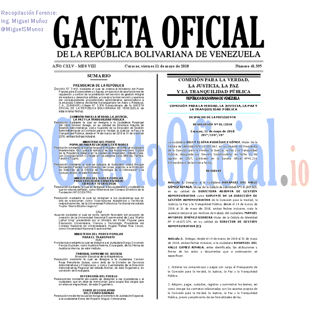 Gaceta Oficial 41395 del 11 mayo 2018 Gaceta Oficial 41395 del 11 mayo 2018