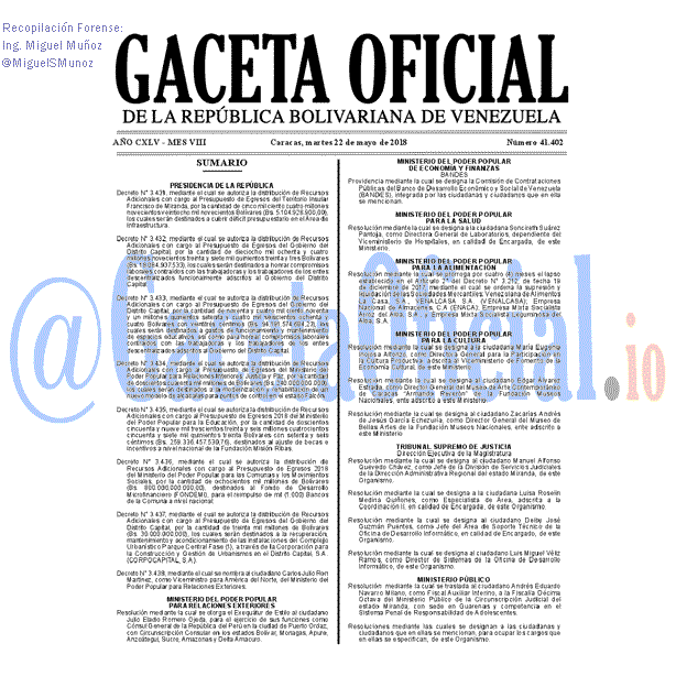 Gaceta Oficial 41402 del 22 mayo 2018