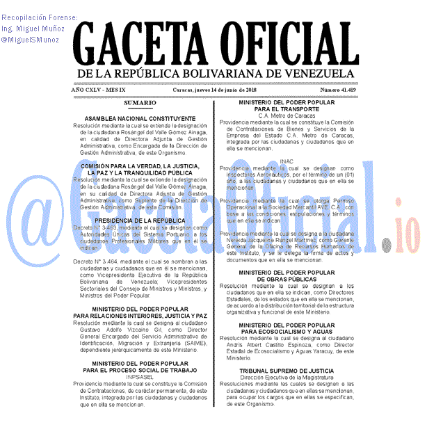 Gaceta Oficial 41419 del 14 junio 2018 Gaceta Oficial 41419 del 14 junio 2018