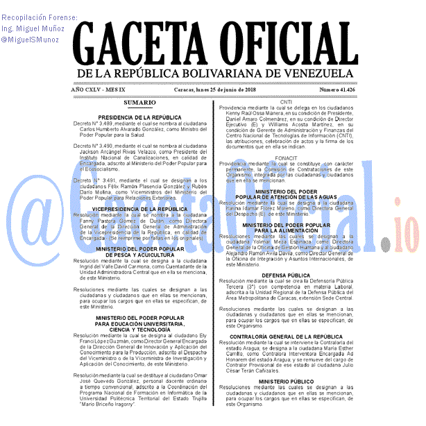 Gaceta Oficial 41426 del 25 junio 2018