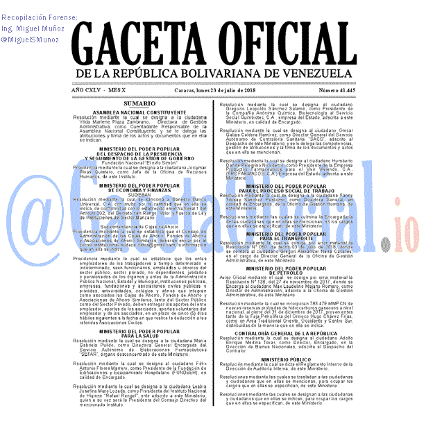 Gaceta Oficial 41445 del 23 julio 2018