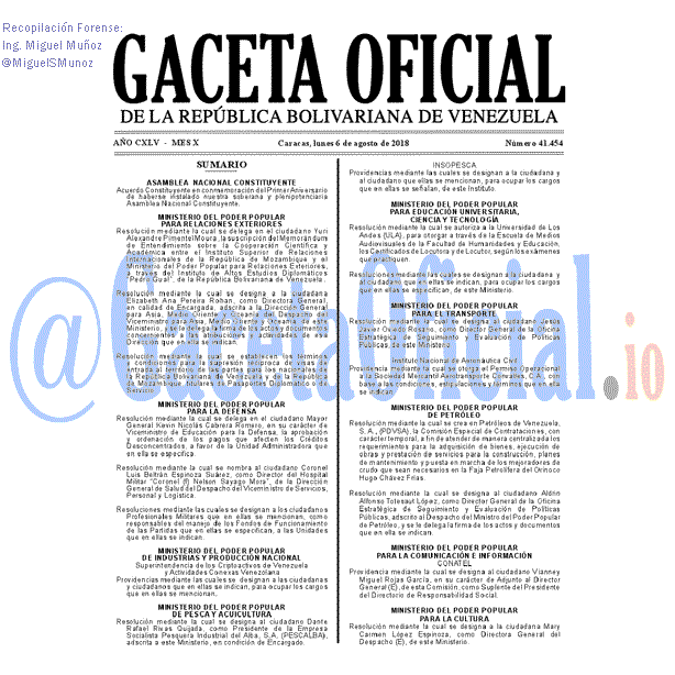 Gaceta Oficial 41454 del 6 Agosto 2018 Gaceta Oficial 41454 del 6 Agosto 2018