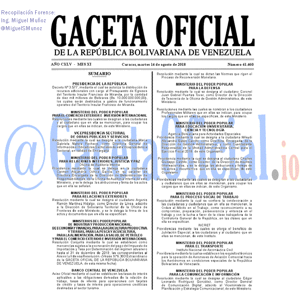 Gaceta Oficial 41460 del 14 Agosto 2018