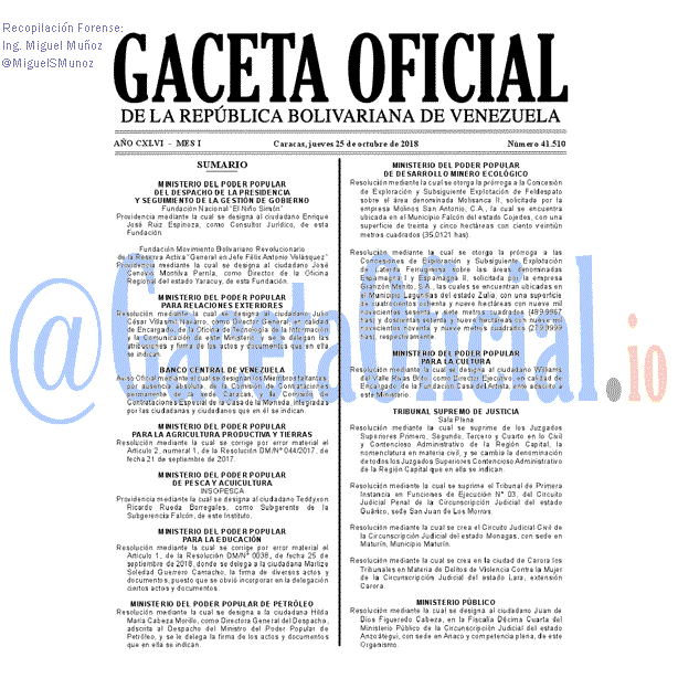 Gaceta Oficial 41510 del 25 Octubre 2018