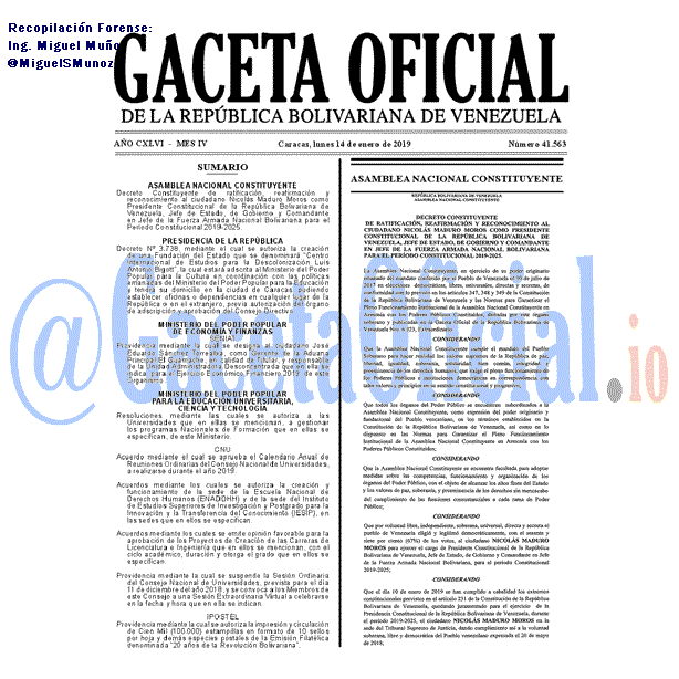 Gaceta Oficial 41563 del 14 Enero 2019 Gaceta Oficial 41563 del 14 Enero 2019
