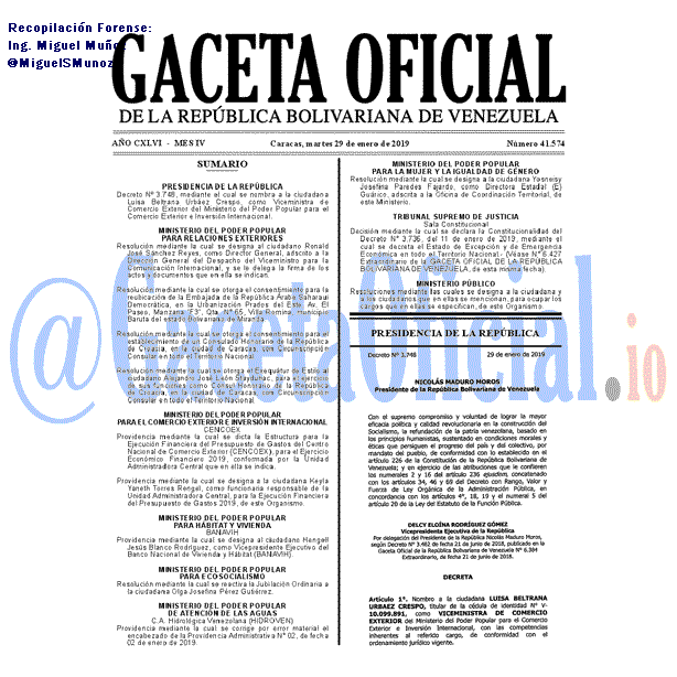 Gaceta Oficial 41574 del 29 Enero 2019 Gaceta Oficial 41574 del 29 Enero 2019