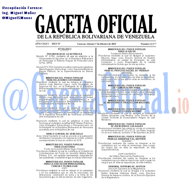 Gaceta Oficial 41577 del 1 Febrero 2019 Gaceta Oficial 41577 del 1 Febrero 2019
