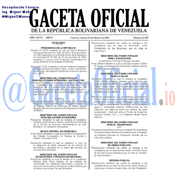 Gaceta Oficial 41587 del 15 Febrero 2019