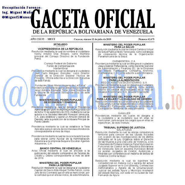 Gaceta Oficial 41673 del 12 Julio 2019 Gaceta Oficial 41673 del 12 Julio 2019