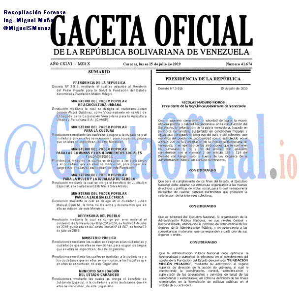 Gaceta Oficial 41674 del 15 Julio 2019