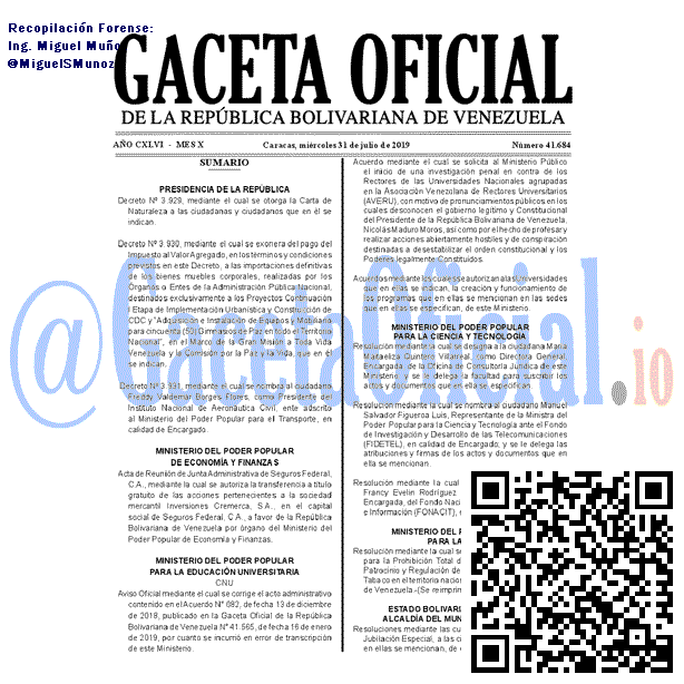 Gaceta Oficial 41684 del 31 Julio 2019 Gaceta Oficial 41684 del 31 Julio 2019