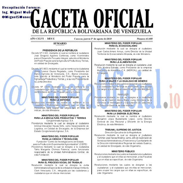 Gaceta Oficial 41685 del 1 agosto 2019 Gaceta Oficial 41685 del 1 agosto 2019