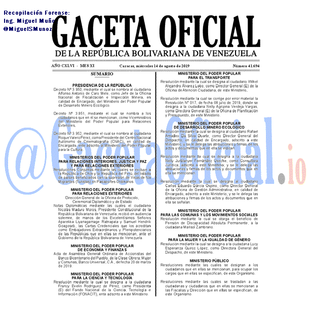 Gaceta Oficial 41694 del 14 agosto 2019