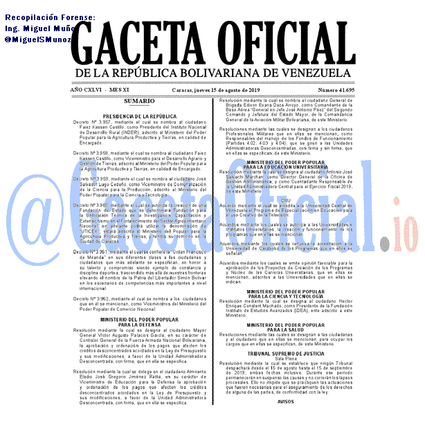 Gaceta Oficial 41695 del 15 agosto 2019