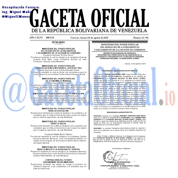 Gaceta Oficial 41701 del 23 agosto 2019
