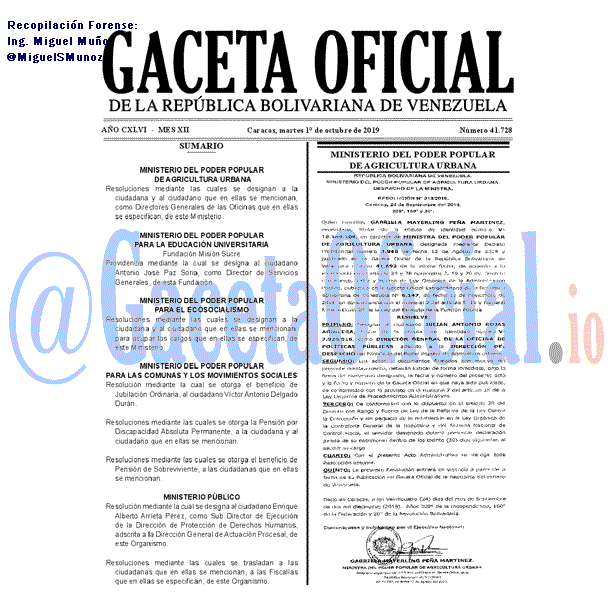 Gaceta Oficial 41728 del 1 Octubre 2019 Gaceta Oficial 41728 del 1 octubre 2019