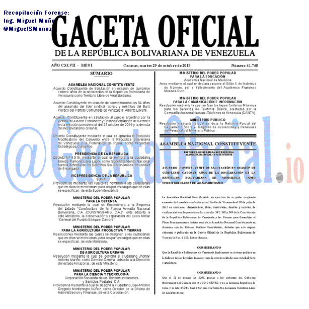 Gaceta Oficial 41748 del 29 octubre 2019