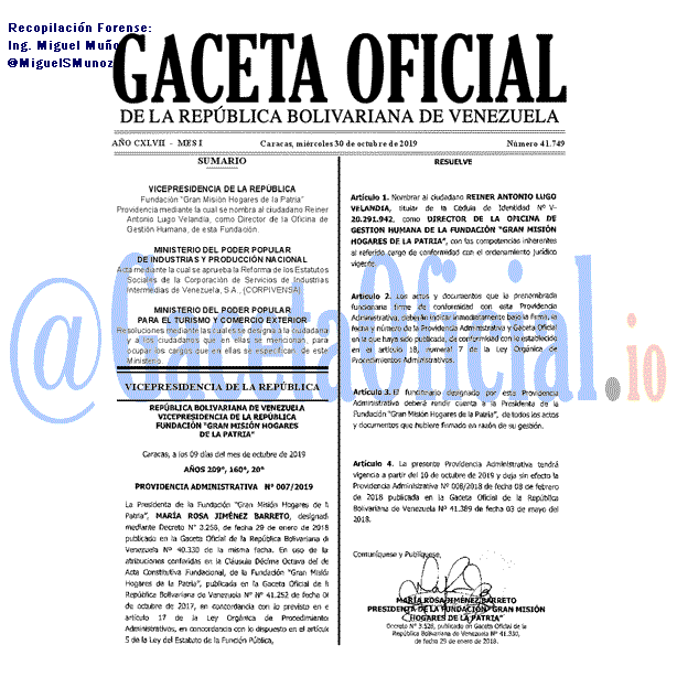 Gaceta Oficial 41749 del 30 Octubre 2019 Gaceta Oficial 41749 del 30 octubre 2019