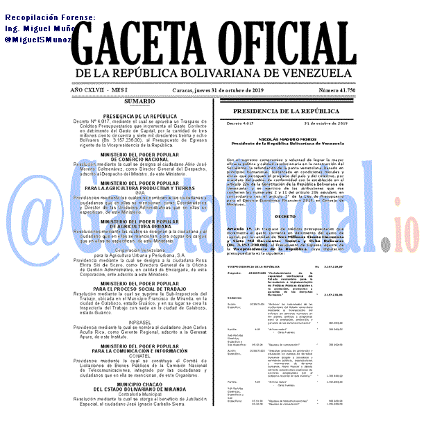 Gaceta Oficial 41750 del 31 octubre 2019