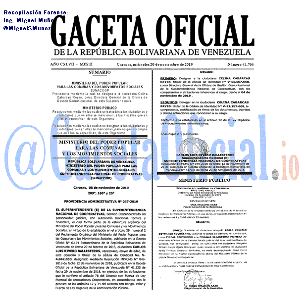 Gaceta Oficial 41764 del 20 noviembre 2019