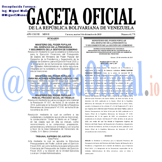 Gaceta Oficial 41773 del 3 Diciembre 2019