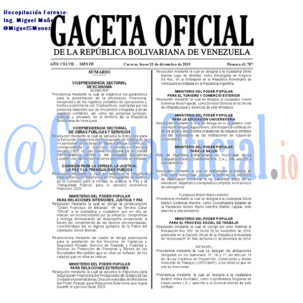 Gaceta Oficial 41787 del 23 Diciembre 2019