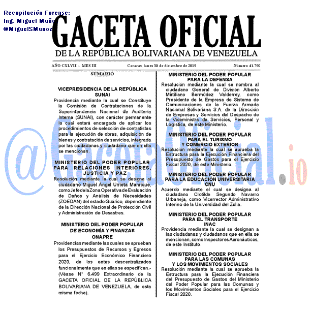 Gaceta Oficial 41790 del 30 Diciembre 2019