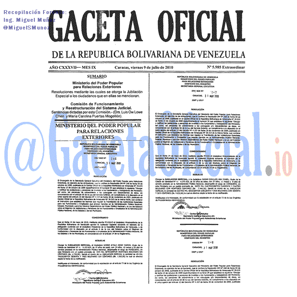 Gaceta Oficial 5985 del 9 Julio 2010