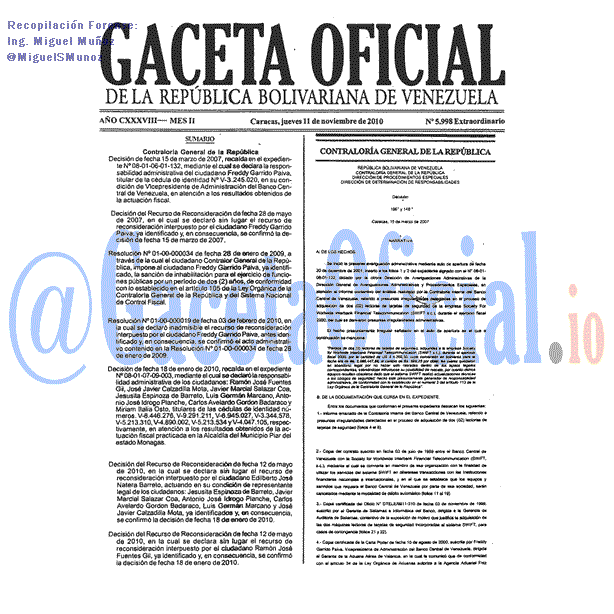 Gaceta Oficial 5998 del 11 Noviembre 2010